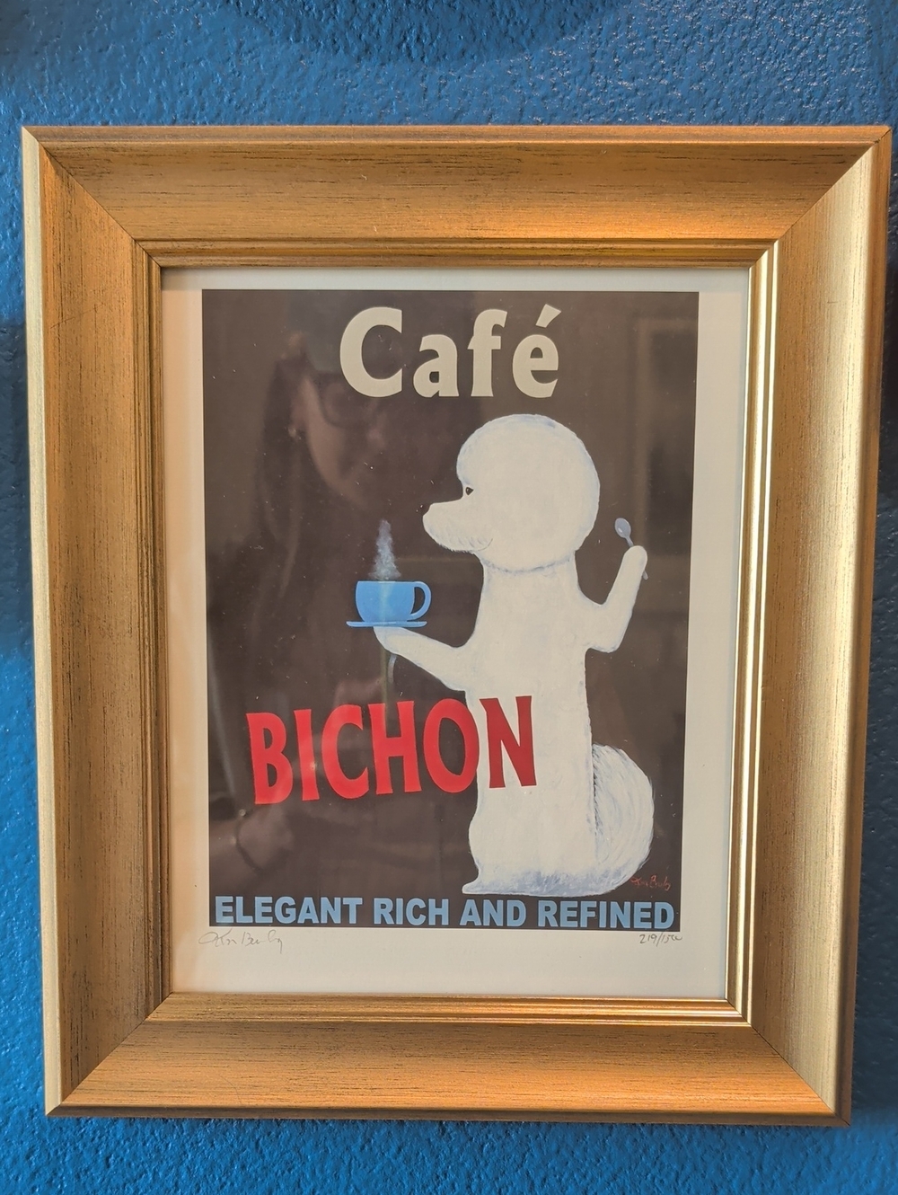 Gold Framed Café Bichon Wall Art Print - Elegant Rich and Refined